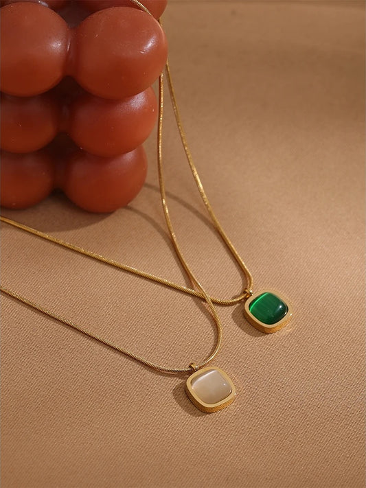 Square green opal stone contemporary pendant necklace - product image
