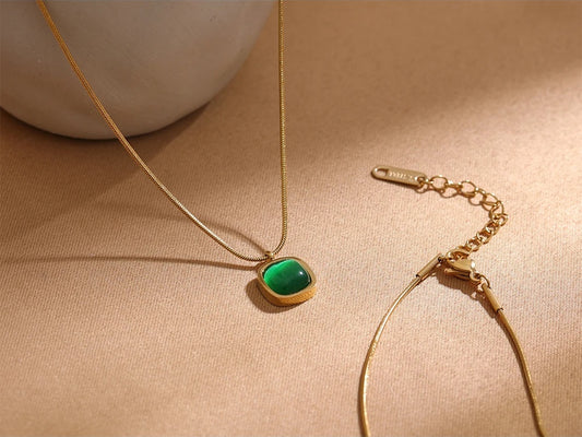 Square green opal stone contemporary pendant necklace - product image