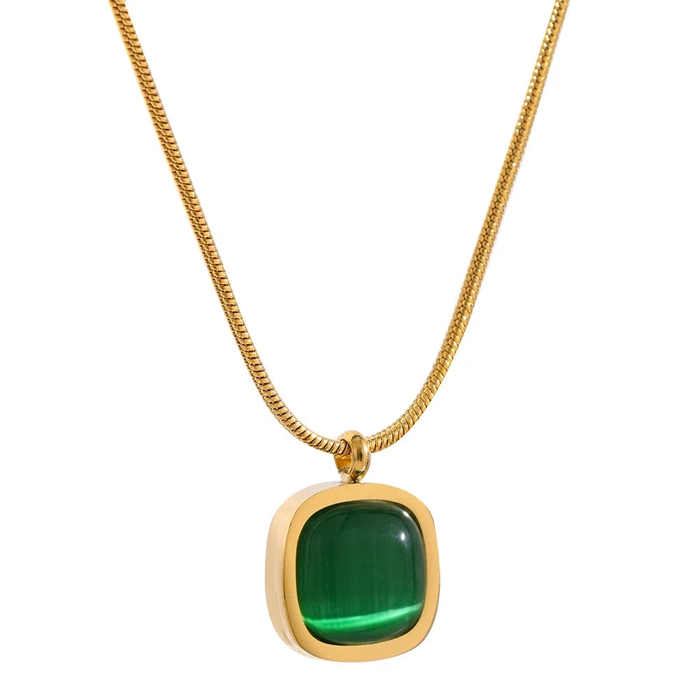 Square green opal stone contemporary pendant necklace - product image