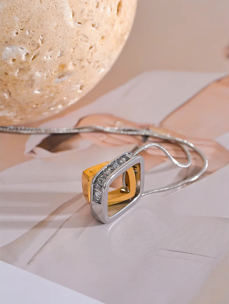Square hollow double layered overlay pendant necklace - product image