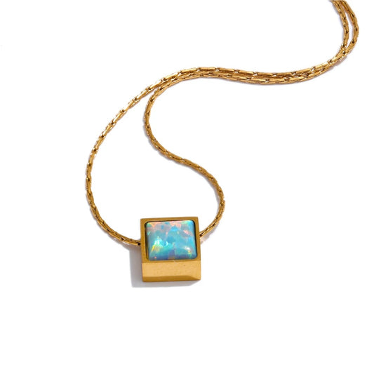 Square natural opal stone pendant necklace - product image