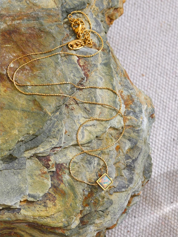 Square natural opal stone pendant necklace - product image