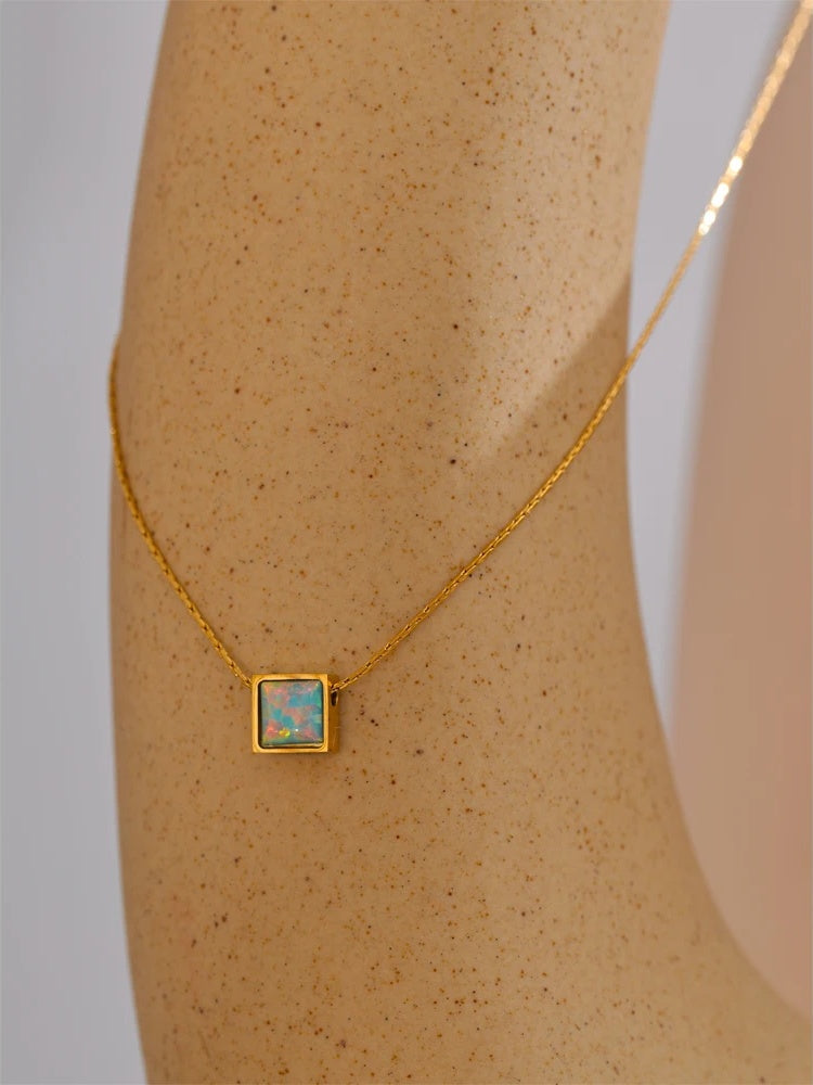Square natural opal stone pendant necklace - product image