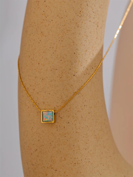 Square natural opal stone pendant necklace - product image