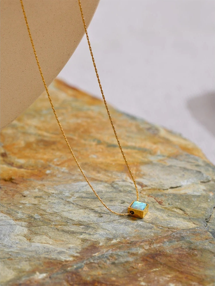 Square natural opal stone pendant necklace - product image