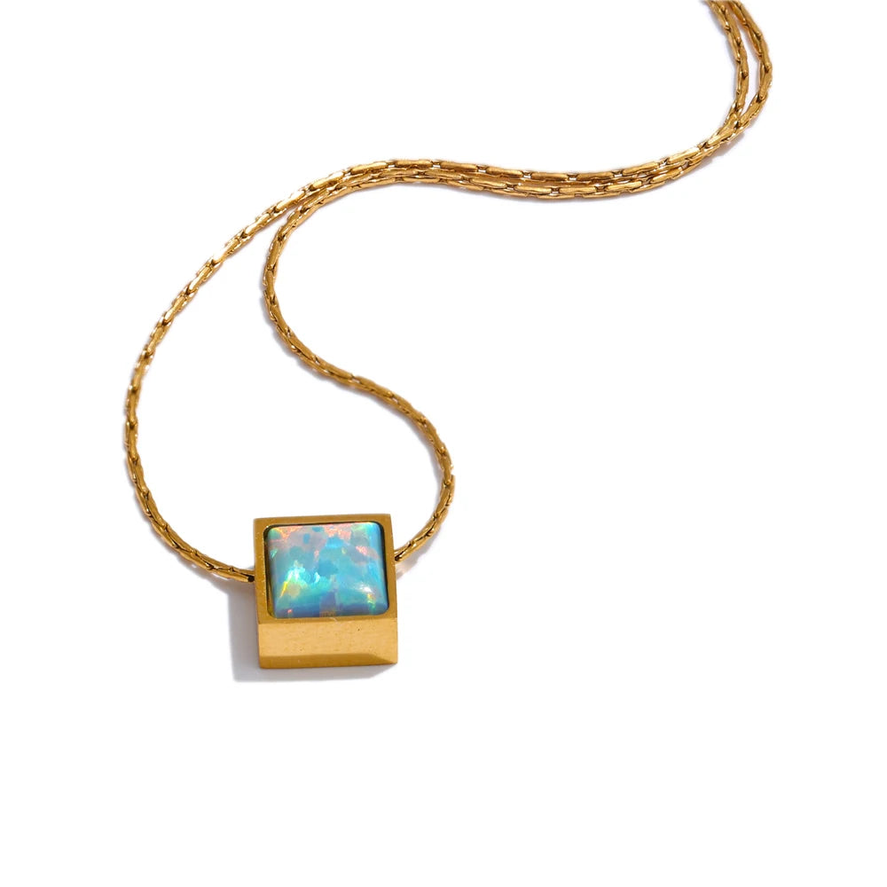 Square natural opal stone pendant necklace - product image