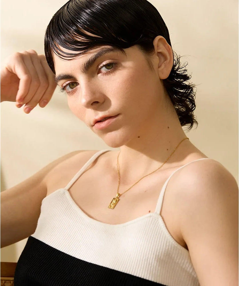 Square texture metal statement pendant necklace - product image