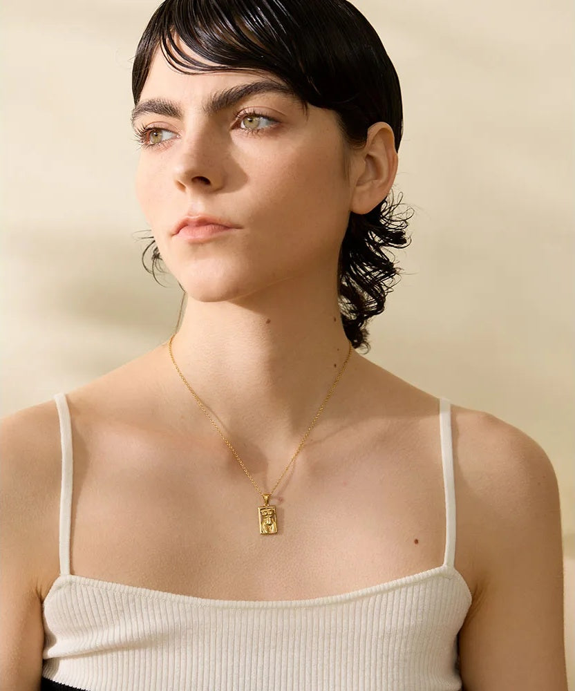 Square texture metal statement pendant necklace - product image