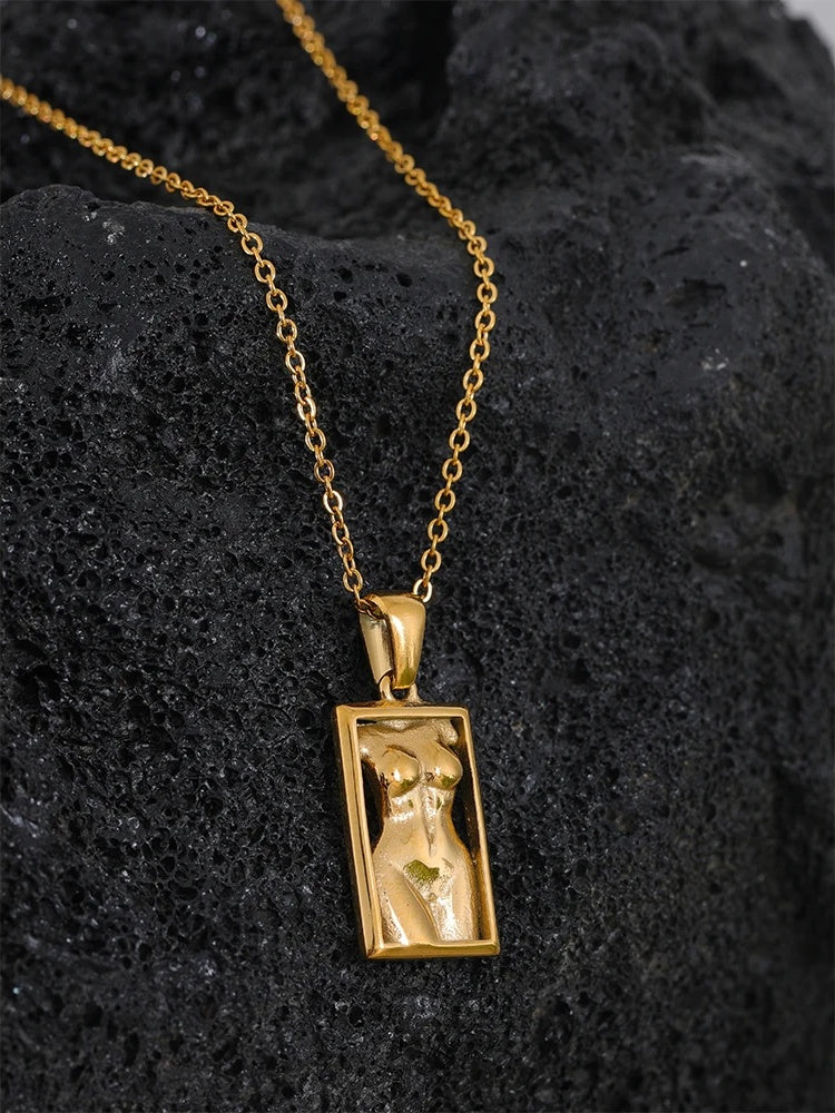 Square texture metal statement pendant necklace - product image