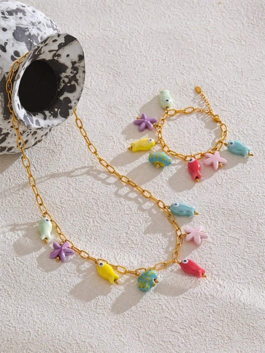 Stainless steel ceramic starfish fish jewelry set - product image