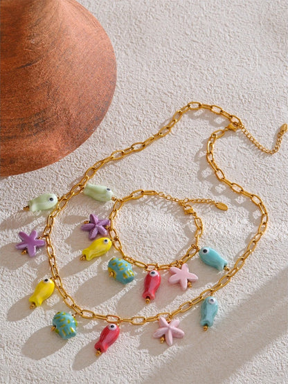Stainless steel ceramic starfish fish jewelry set - product image