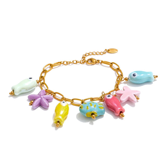 Stainless steel ceramic starfish fish jewelry set - product image