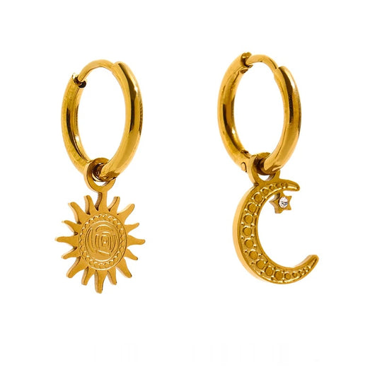 Star moon asymmetry texture hoop earrings - product image