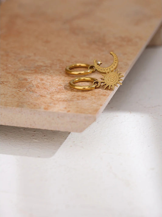Star moon asymmetry texture hoop earrings - product image