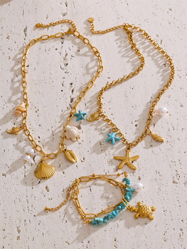 Starfish shell necklace bracelet set - product image