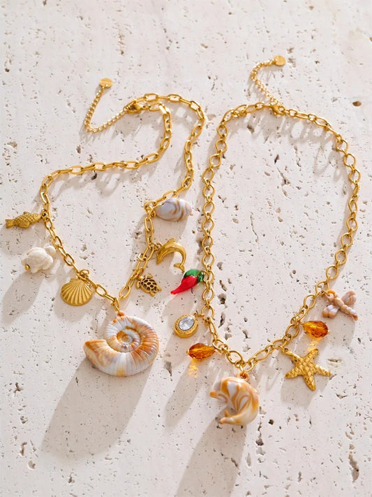Starfish shell resin dolphin conch pendant necklace - product image