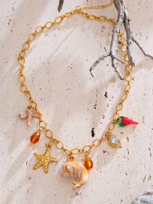 Starfish shell resin dolphin conch pendant necklace - product image