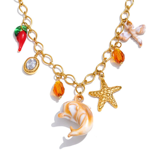 Starfish shell resin dolphin conch pendant necklace - product image