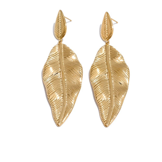Statement metal big leaf plant drop earrings - product image
