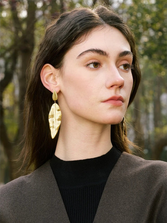 Statement metal big leaf plant drop earrings - product image