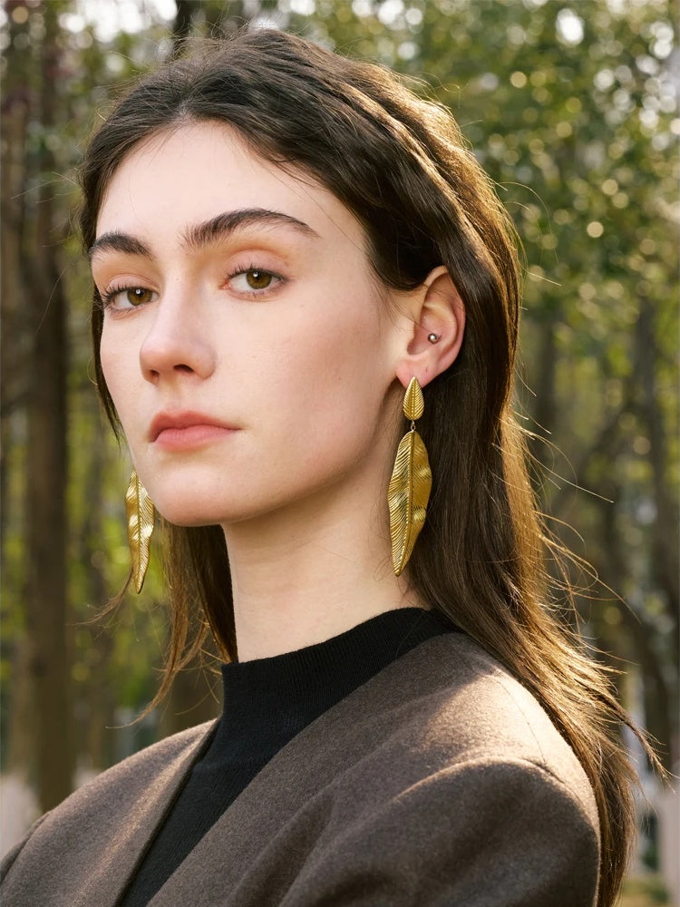 Statement metal big leaf plant drop earrings - product image