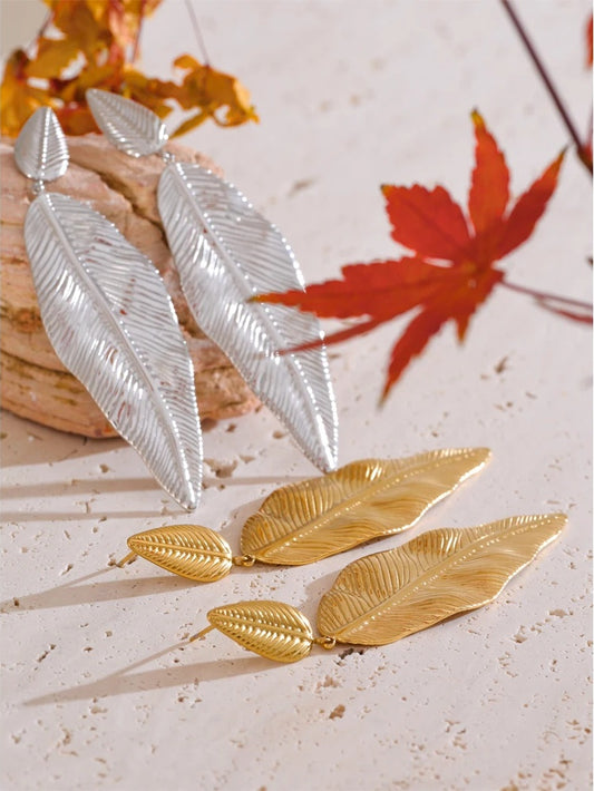 Statement metal big leaf plant drop earrings - product image
