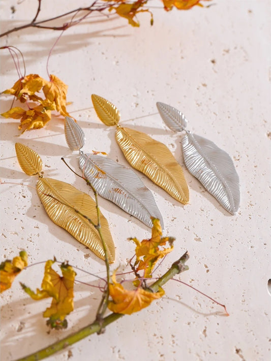 Statement metal big leaf plant drop earrings - product image