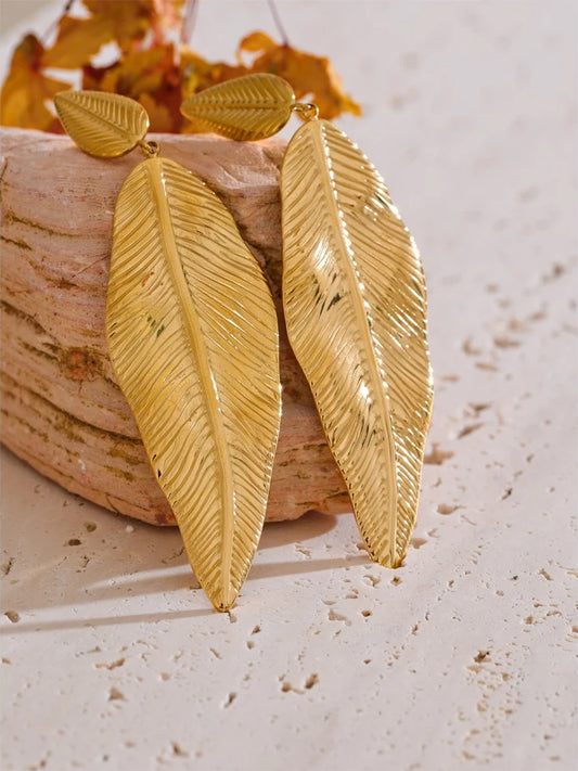 Statement metal big leaf plant drop earrings - product image