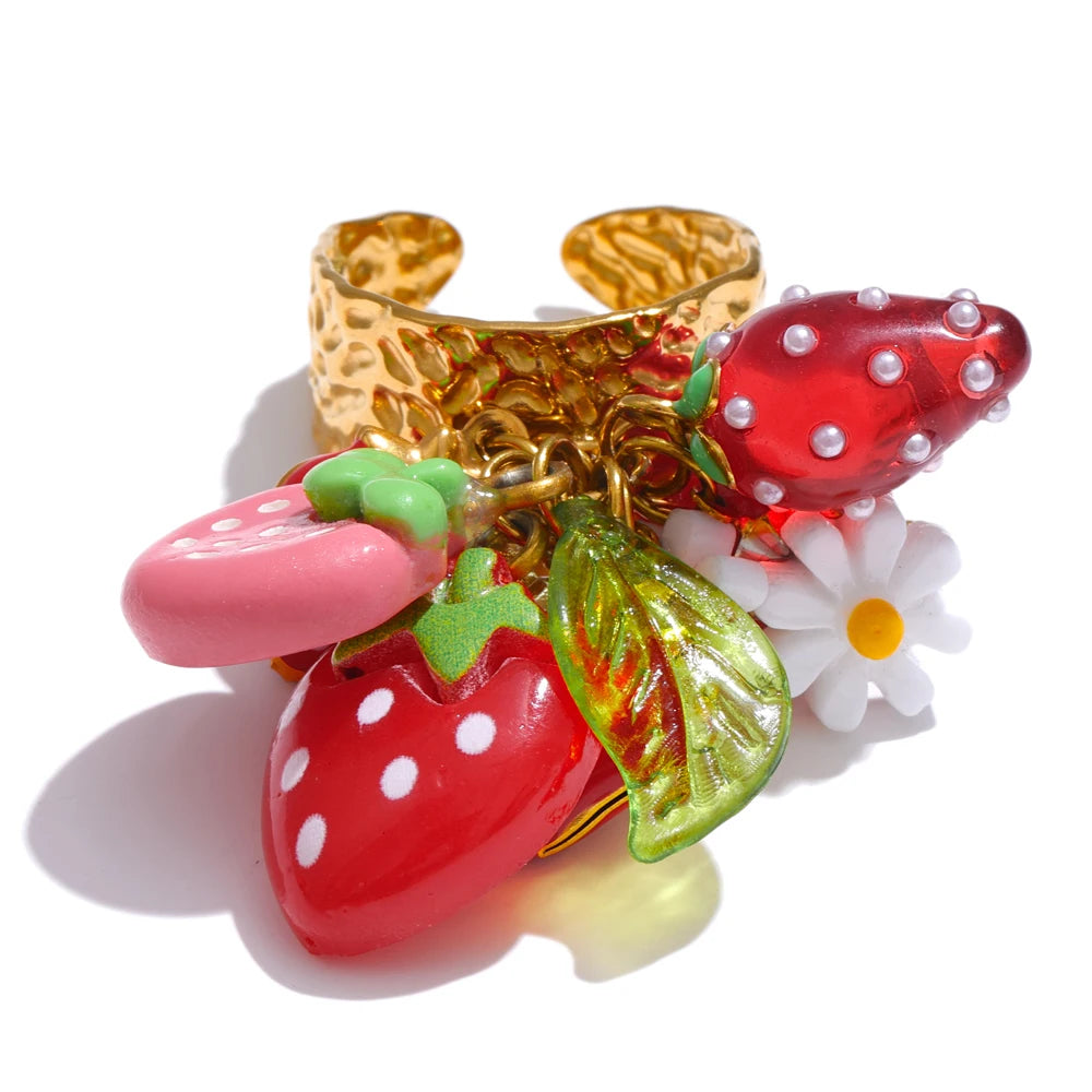Strawberry cherry shell resin adjustable ring - product image