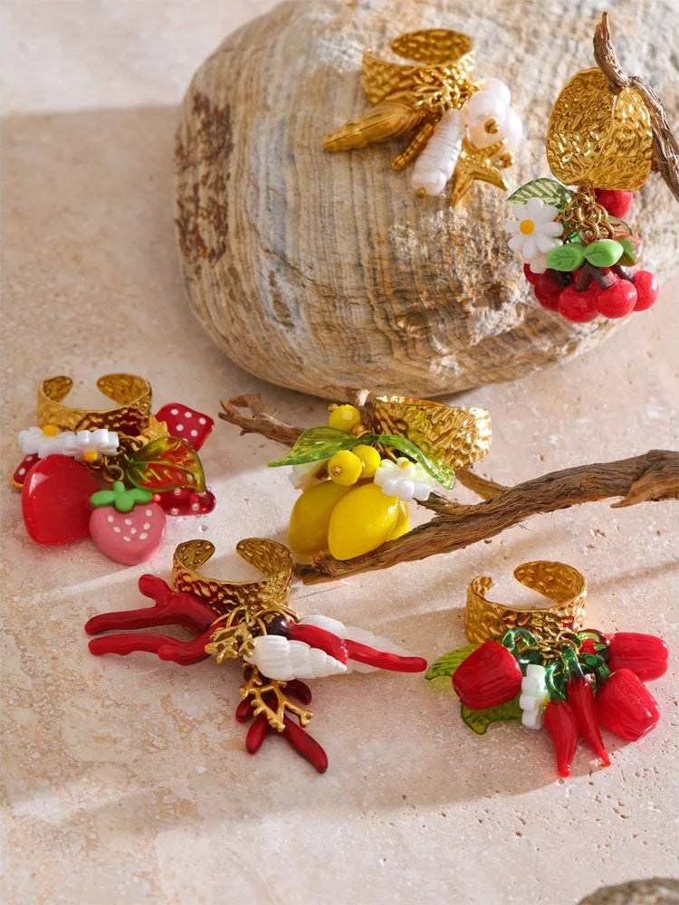 Strawberry cherry shell resin adjustable ring - product image