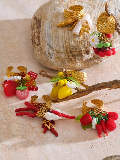 Strawberry cherry shell resin adjustable ring - product image