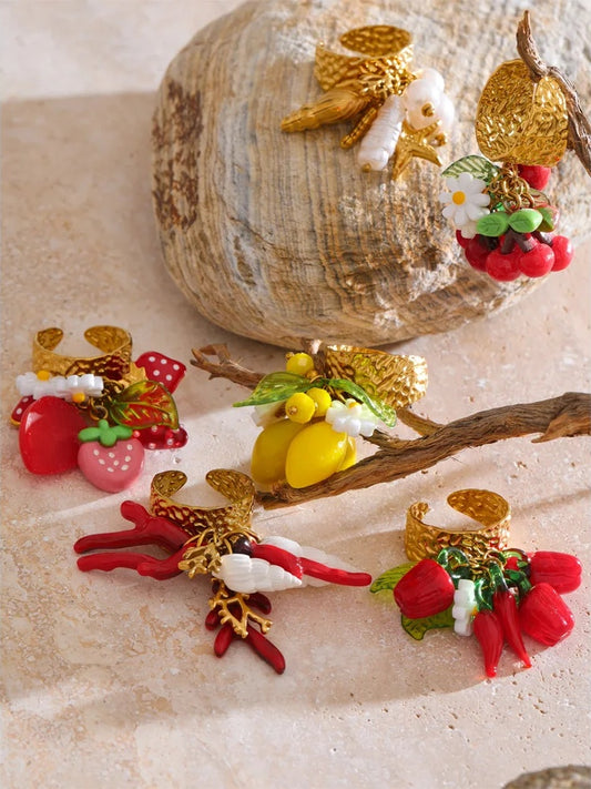 Strawberry cherry shell resin adjustable ring - product image