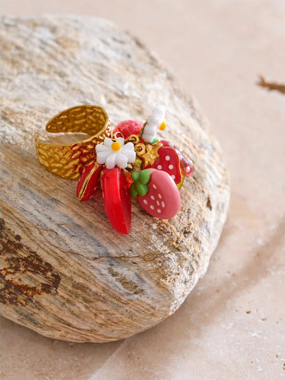Strawberry cherry shell resin adjustable ring - product image