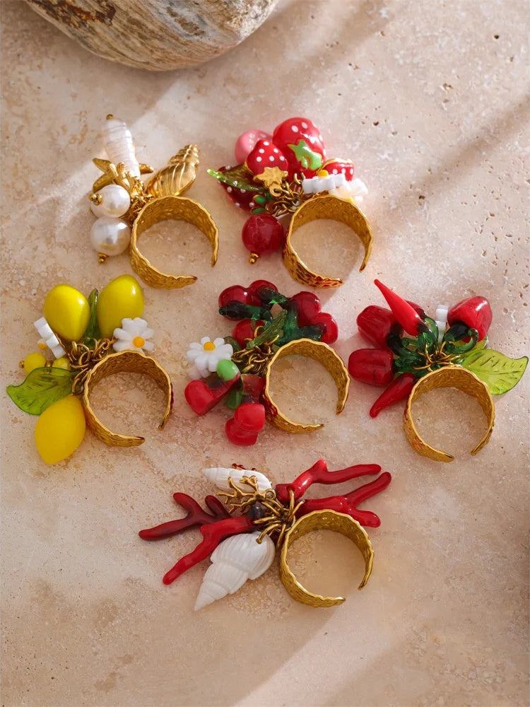 Strawberry cherry shell resin adjustable ring - product image
