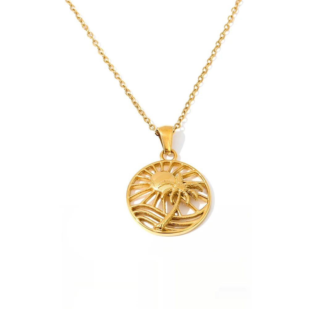Sun coconut tree round pendant necklace - product image