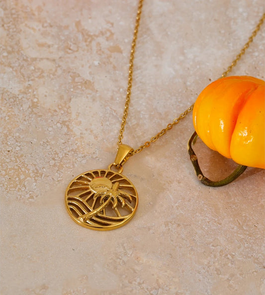 Sun coconut tree round pendant necklace - product image