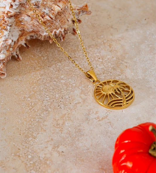 Sun coconut tree round pendant necklace - product image