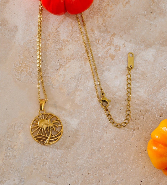 Sun coconut tree round pendant necklace - product image