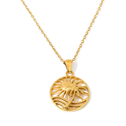 Sun coconut tree round pendant necklace - product image