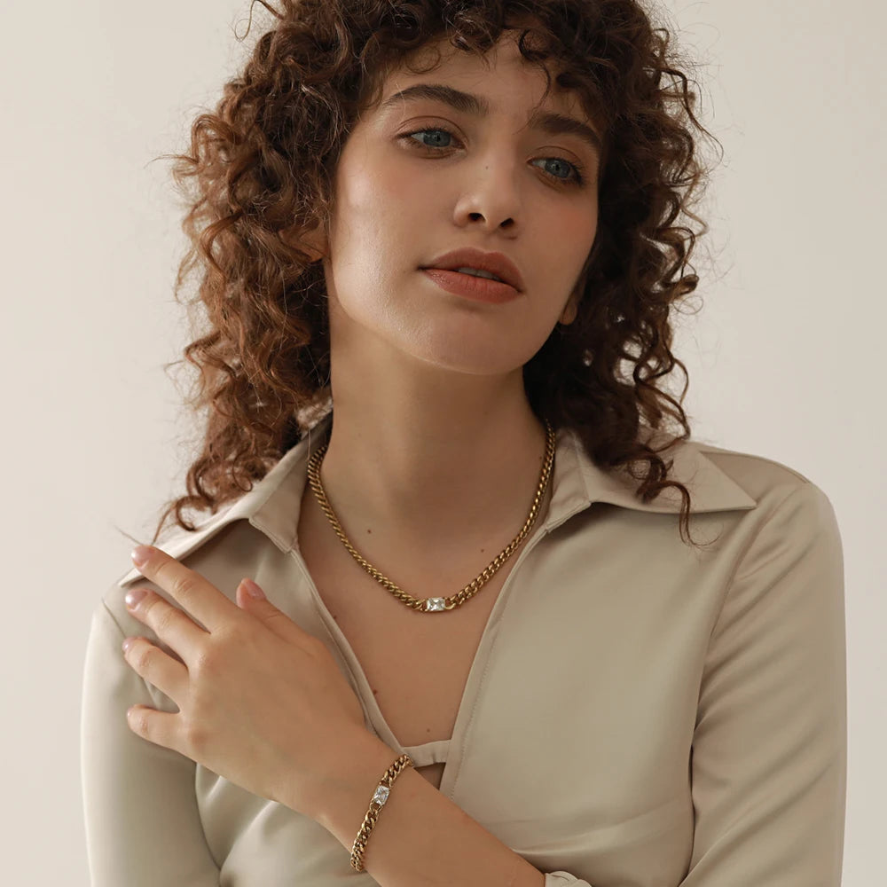 Tarnish free green cubic zirconia chain necklace bracelet set - product image