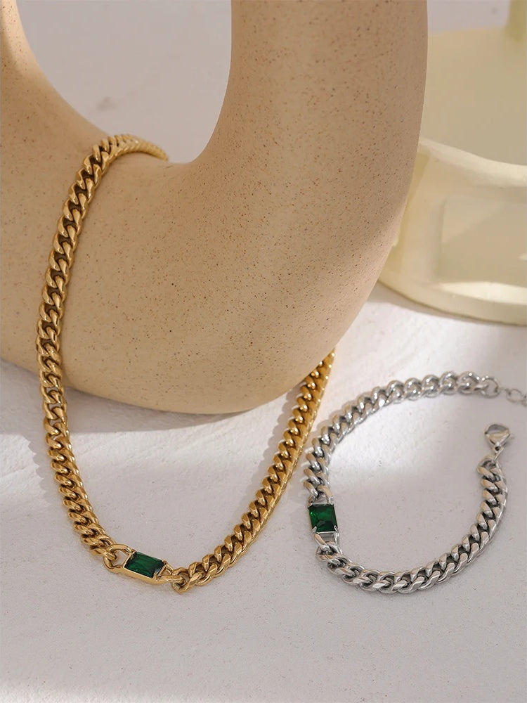 Tarnish free green cubic zirconia chain necklace bracelet set - product image