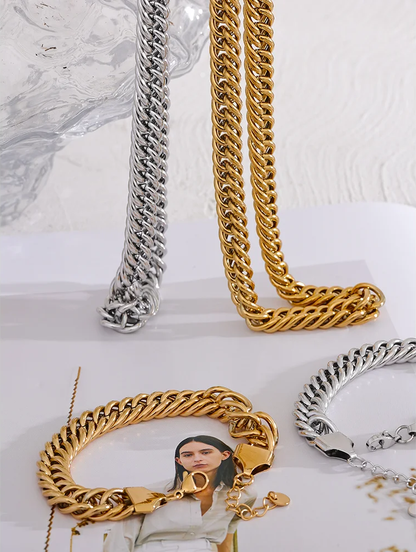 Thick heavy metal chain necklace bracelet bangle set - product image