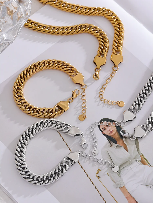 Thick heavy metal chain necklace bracelet bangle set - product image