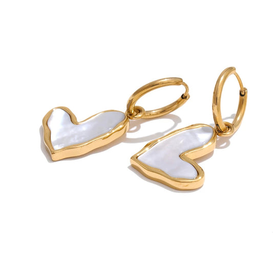 Thicker shell heart drop hoop earrings - product image