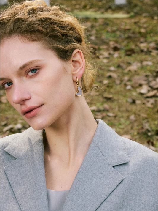 Thicker shell heart drop hoop earrings - product image