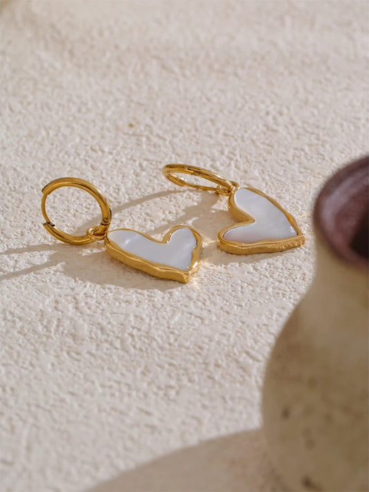 Thicker shell heart drop hoop earrings - product image