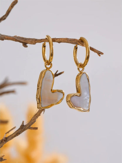 Thicker shell heart drop hoop earrings - product image