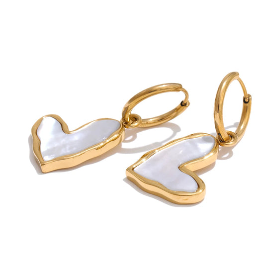 Thicker shell heart drop hoop earrings - product image