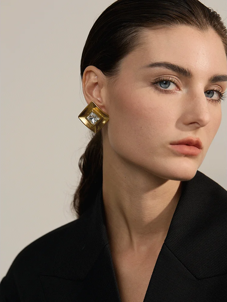 Transparent crystal square stud earrings women - product image