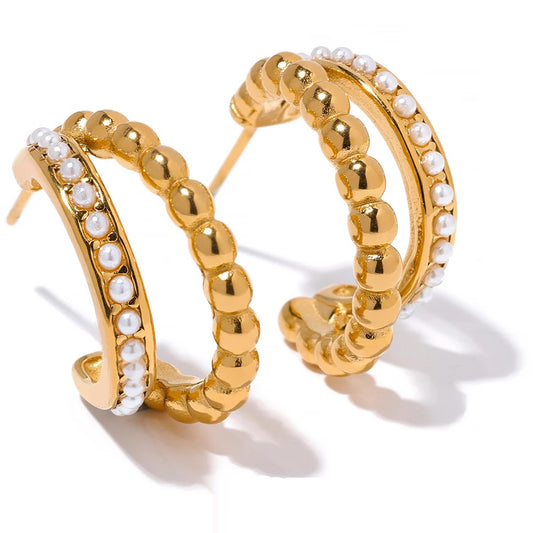 Vintage imitation pearl abstract hoop earrings - product image
